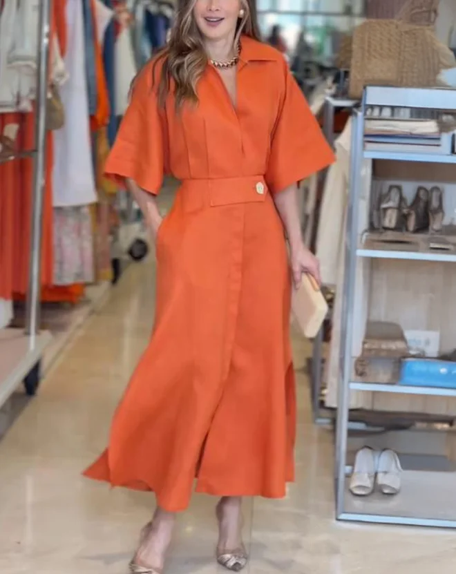 レディースドレス 2025 春の新ソリッドカラーターンダウン襟半袖マキシドレスカジュアルウエストスリットポケットシャツドレス