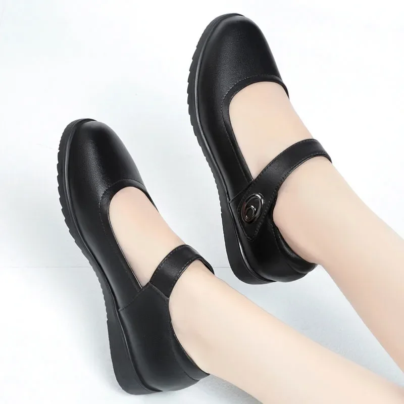 Fashion Sweet Light Weight Black Pu Leather Comfort Student School Shoes Women Leisure Street Office Buckle Strap Heel Shoes A10