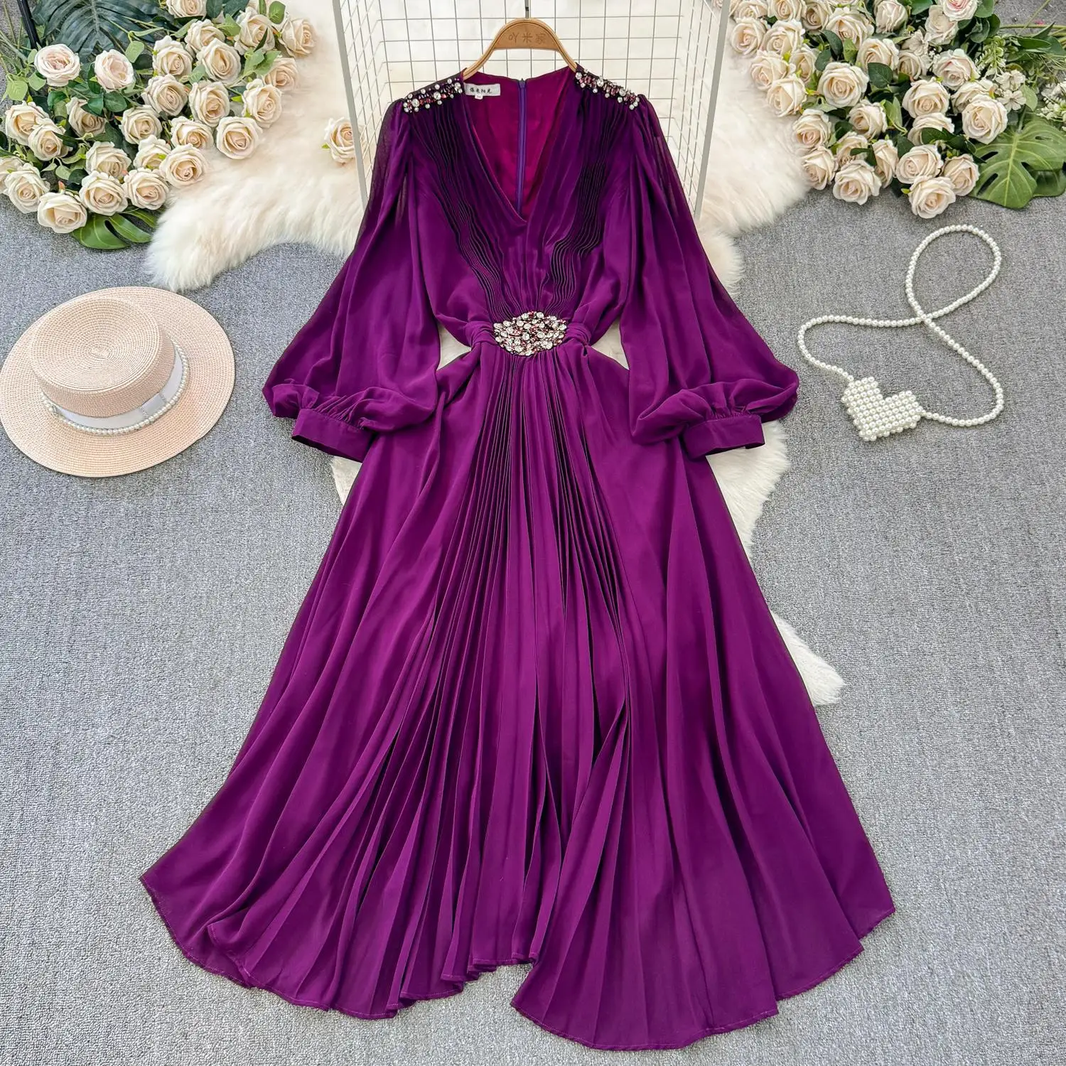 Seaside Vacation Travel Photo Lantern Long Sleeve V-Neck Cinched Waist Slim A-Line Chiffon Pleated Dress Elegant Long Skirt