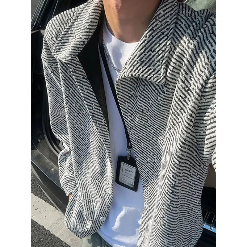 

Men's Slim Fit Knitted Jaet Autumn Season American Retro Texture Flip Collar Side Cut Stripes High End Feeling Outerwear