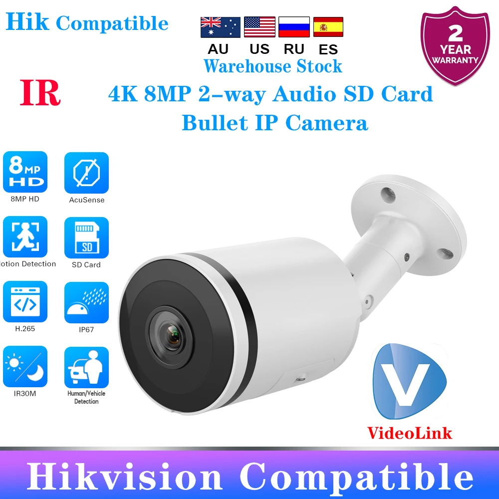 

4k 8MP HIK Compatible Bullet IP Camera IR30M Built-in MIC Motion Detection External SD slot optional POE Security camera