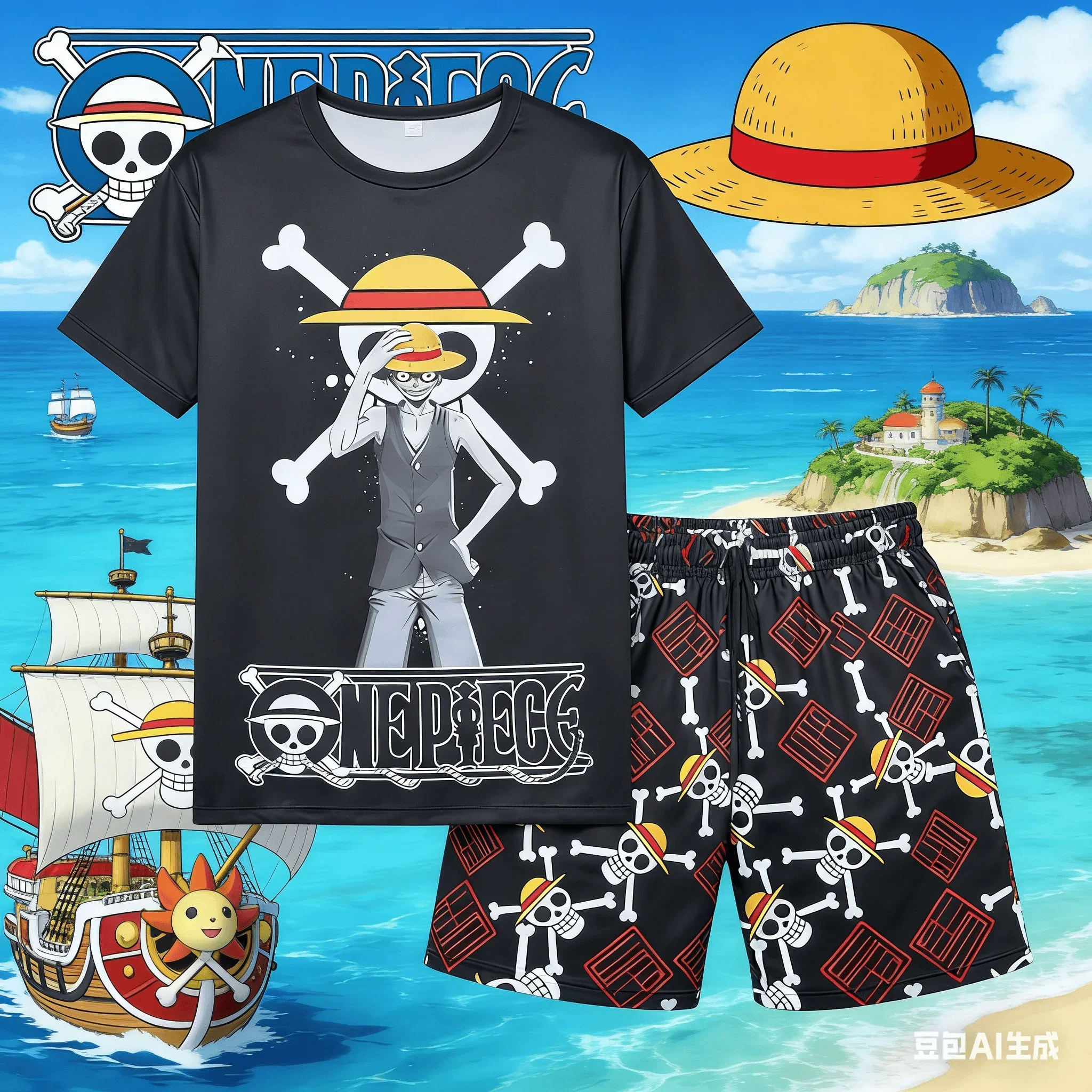 2026 Summer New Luffy Straw Hat Skeleton Element Set Anime Peripheral Men and Women's Casual Short Sleeved Shorts Home Clothes