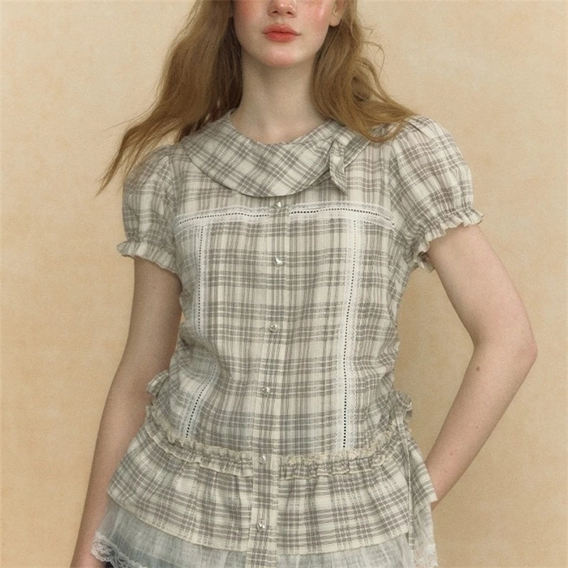 Camicia Y2k scozzese con colletto a palloncino in stile retrò americano Camicia estiva nuova in pizzo slim fit Camicie Abbigliamento femminile 1]1]