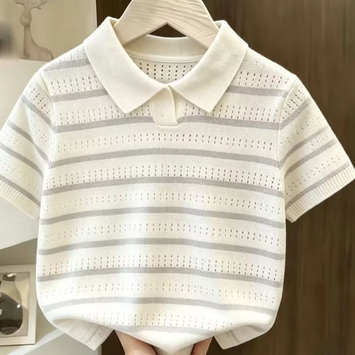 2026 New Summer Kids Striped Hollow Out Knit T-Shirt Thin Short Sleeve Tops Boys Girls Breathable Casual Clothing