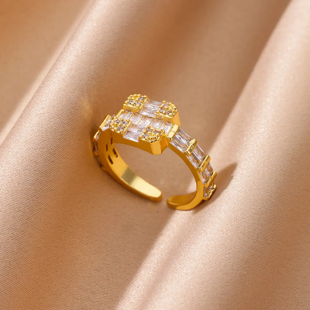 

Luxury White Zircon Rings For Women Gold Plated Geometric Square Stainless Steel Ring Wedding Jewelry Gift Femme anillos