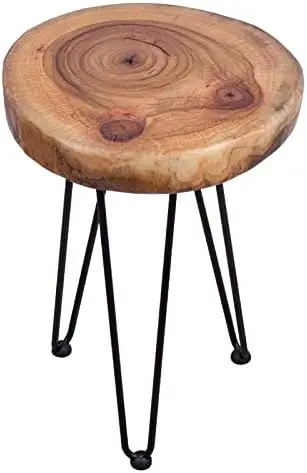 

Hurricom Round Accent Table, Rustic Old Elm Wood Round End Table with 3-Leg Metal Stand