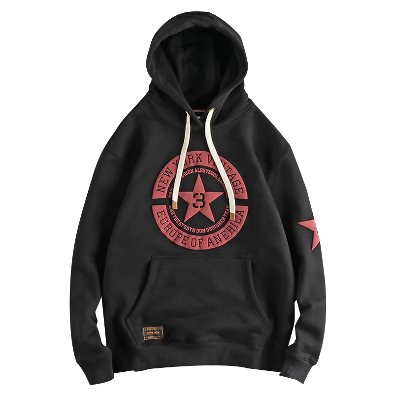 Autumn Winter New American Retro Thick Velvet Hooded Pentagram Printed Sweatershirts Men\'s Fashion Loose Casual Pullover Hoodies