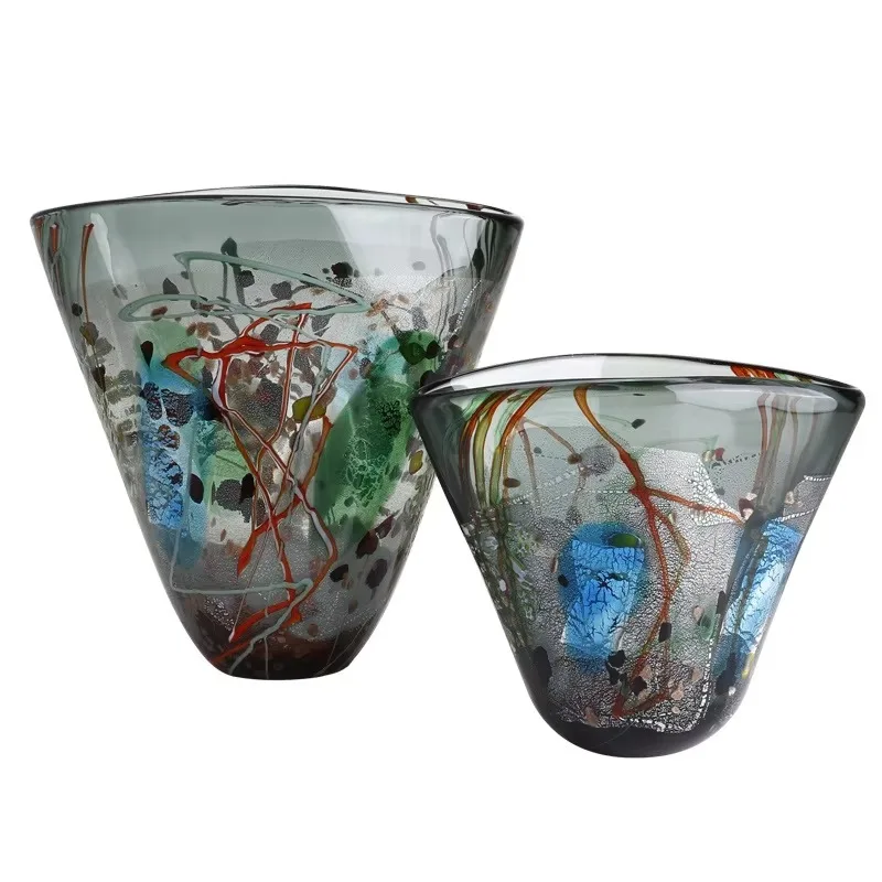 Modern color home decoration hand-blown large diameter transparent glass vase