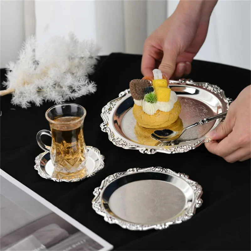 10/15/20/25cm Retro Luxury Plated Plates Cake Dessert Tray High Tea Snack Fruit Dish Jewelry Storage Decor Home Hotel Supplies
