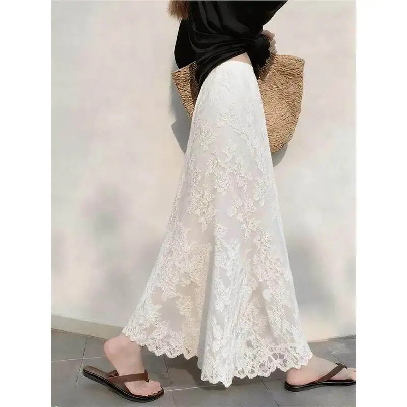 

Spring Summer Women Stretchy High Waisted White Lace A Line Skirt , Woman Romantic 2026 New Long Ruffles Skirts