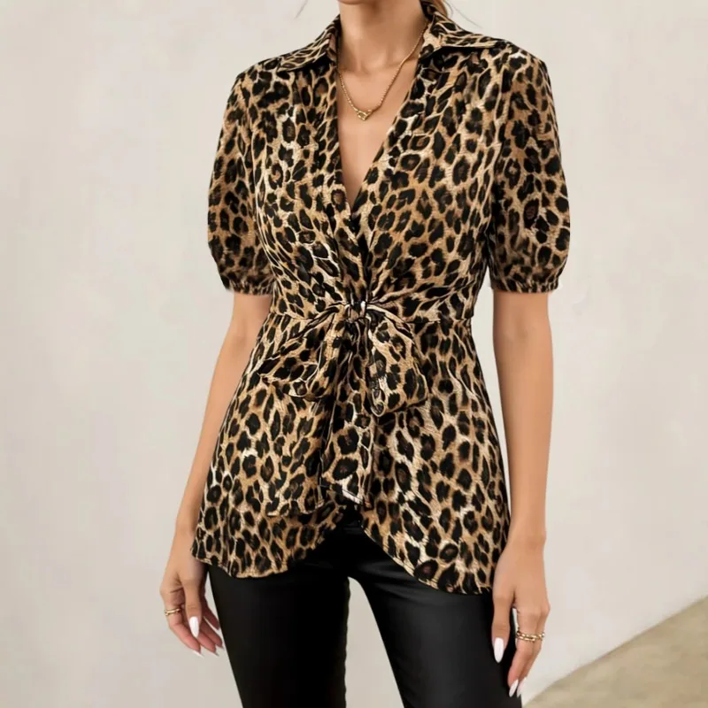 

Women Leopard Print Short Sleeve Shirt Casual Tie Front V Neck Blouse Top