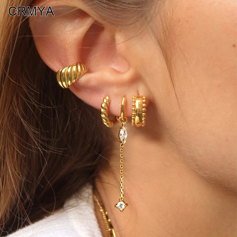 Crmya Gold-plated Ear Cuff Hoop Earrings Women Piercing Long Chain Earring Women Vacation Jewelry Accessories Wholesale