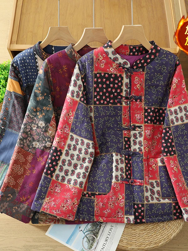 Retro Floral Print Chinese Sle Cotton Jaet Women's Winter Coat Button Stand Collar Patchwork Long Sve Thiened Outerwear