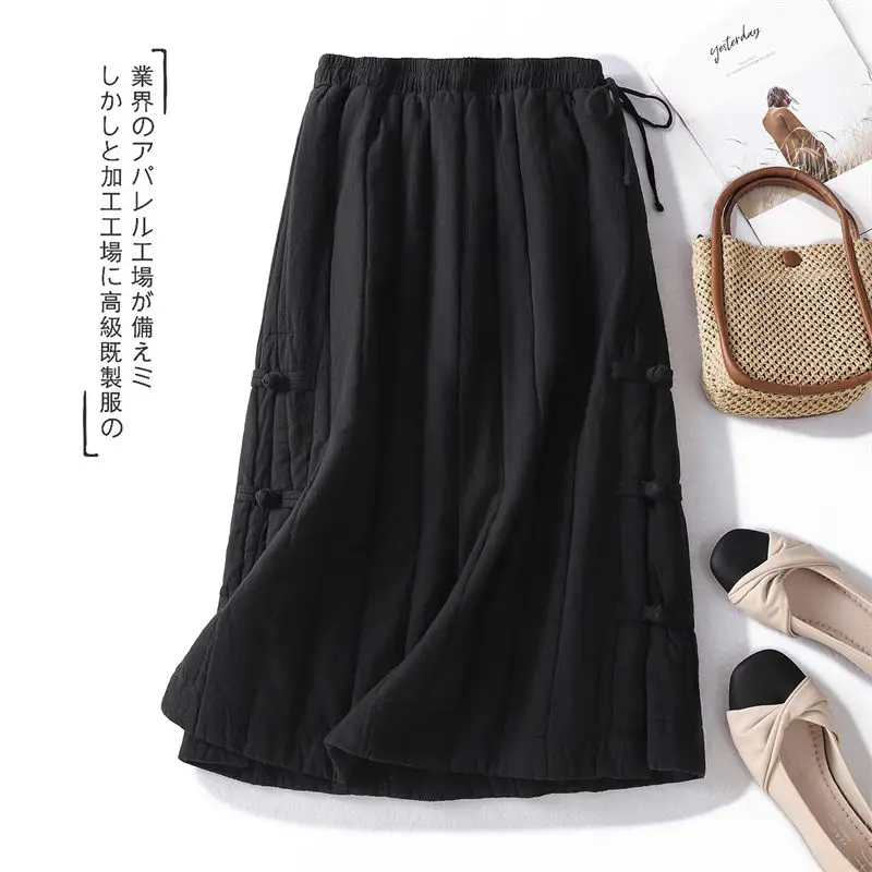 Chinese Style Cotton Skirt For Women 2024 New Autumn And Winter Thick Retro Button Mid Length Cotton Linen Quiilted Skirt k2682