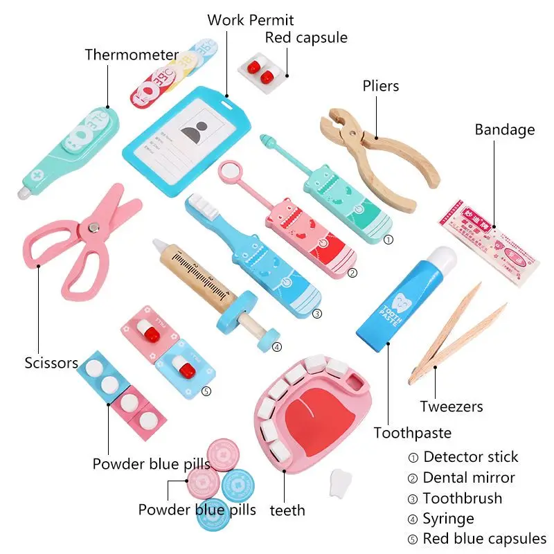 Children's Wooden Fun Doctor Bag Toy Dental Set Simulated Family Series Check Brush Teeth Nursing Accessories Role Playing Toys