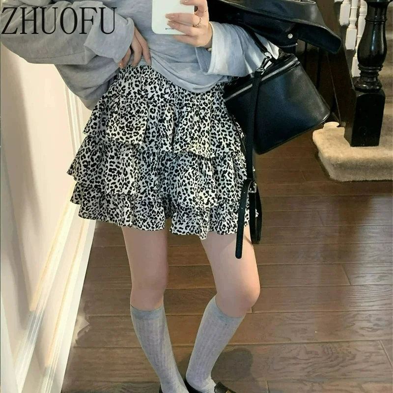 Leopard Print Lotus Leaf Edge Women's Puffy Skirt 2026 Spring Autumn New Sweet Cool Fashion Versatile Thin Short Skirts Ladies