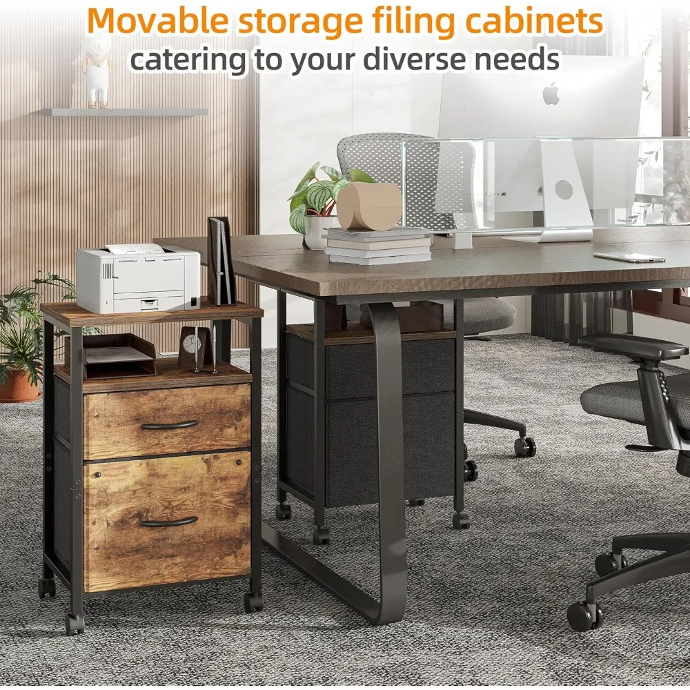 2-Drawer Rolling File Cabinet with Open Shelf, Mobile Printer Stand for Home Office Storage, Brown