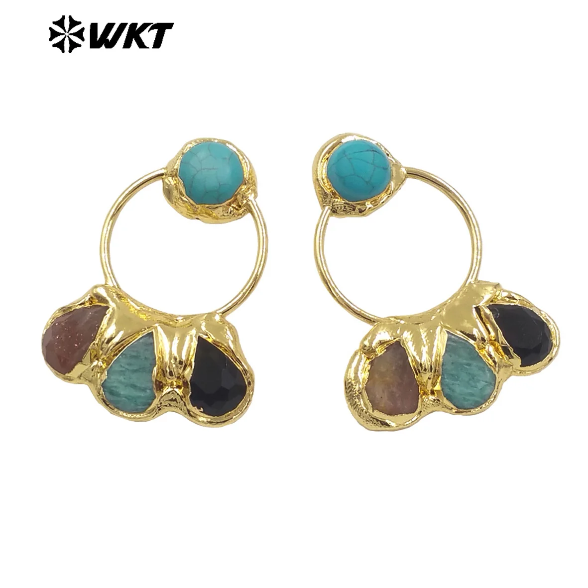 WKT-E755 Natural Turquoise And Black Obsidian Stone Round Hollow Design Earring Classic ACC For Women Party Jewelry