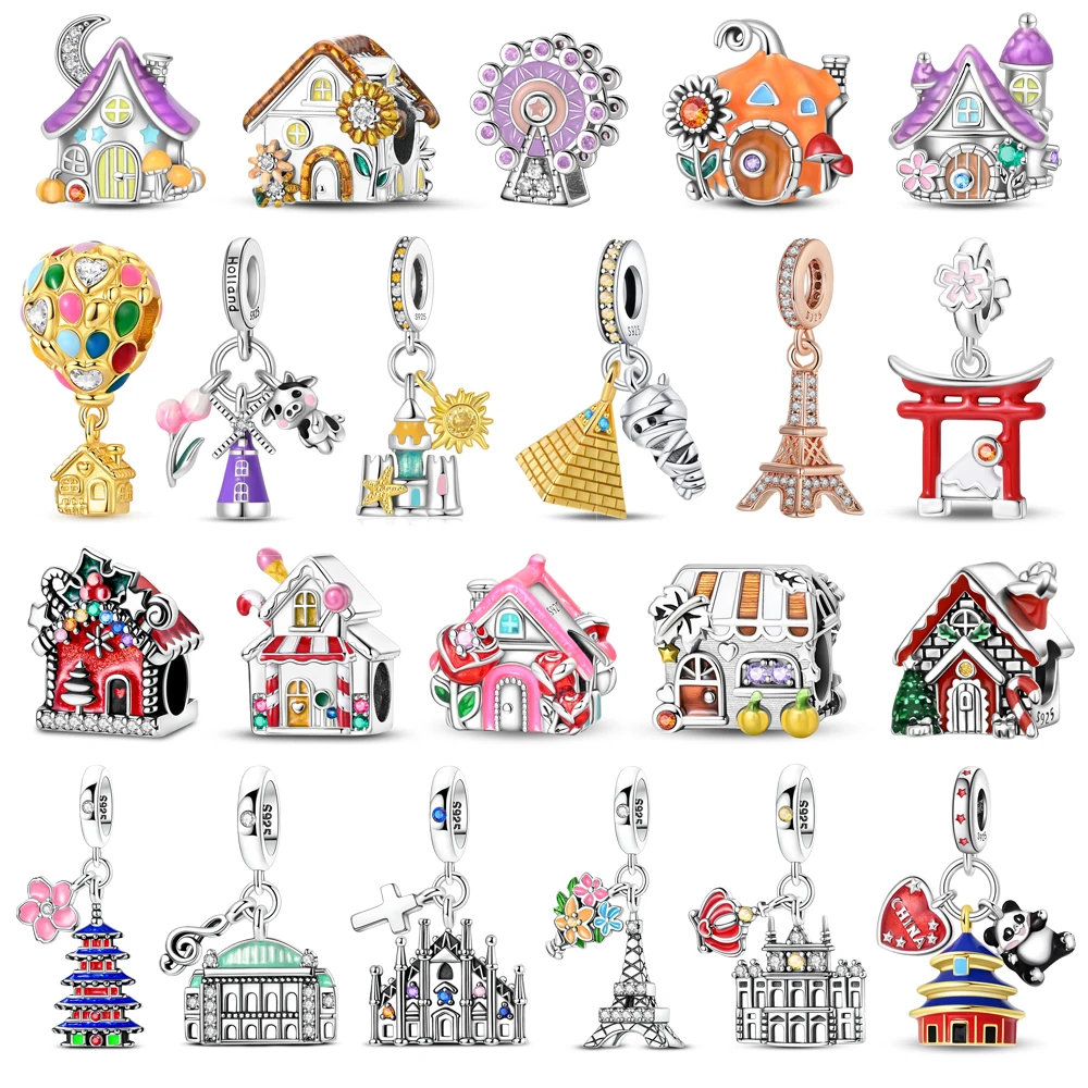 Exquisite 925 Sterling Silver Christmas House Beads & Church & Opera House Dangle Charm Fits Bracelet Building Pendant Gifts