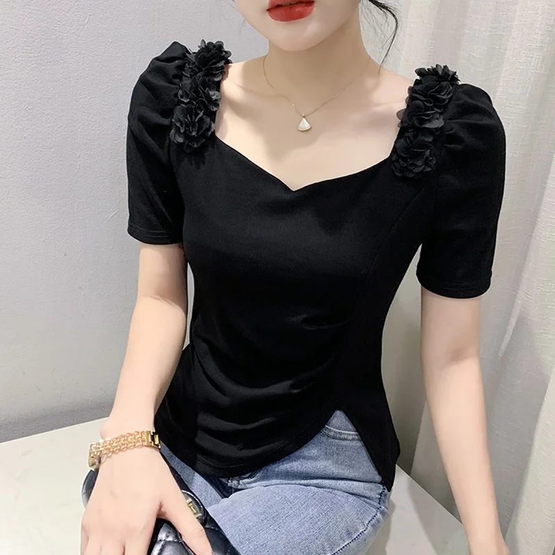Fashionable Asymmetric Hem Short Sleeve Women's T-shirt Waist-Cinching Split Design Korean Style Commute Cotton Blend Summer Top