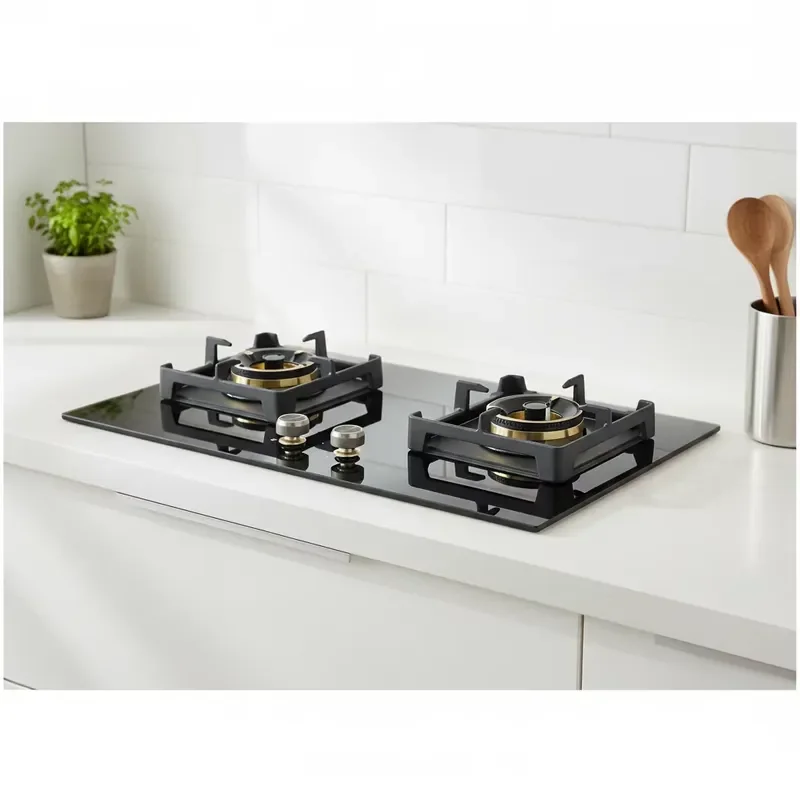 Double Burner Gas Stove Tempered Glass Built In Cooktop LPG Pulse Ignition Flameout Protection Cast Iron Grate Kitchen