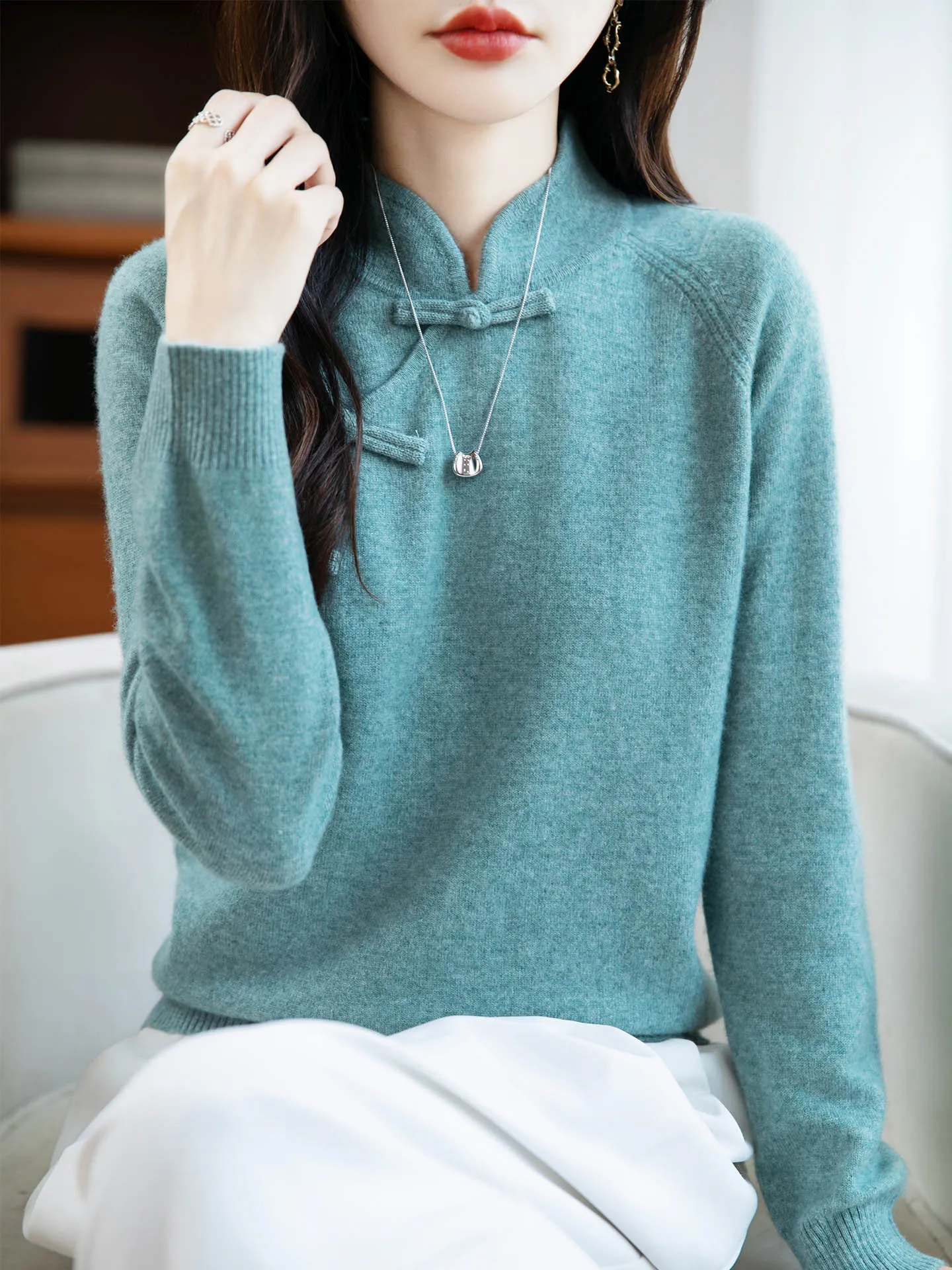 

Новый женский свитер из 100% мериносовой шерсти, вязаный пуловер в китайском стиле с высоким воротником, осенне-зимняя кашемировая удобная одежда