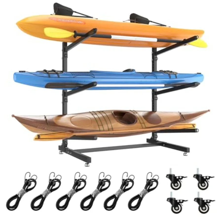 

Напольная регулируемая подставка для каяка повышенной прочности с колесами и опорной площадкой для хранения в помещении и на улице, гараже, 3-уровневая стойка для каяков