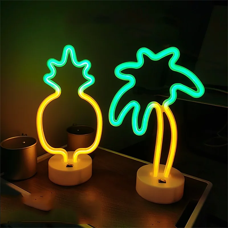 Room Decor Flamingo Clover Coconut Tree Cactus Neon Light Sign LED Night Light USB Or Battery Table Lamp For Home Decorations