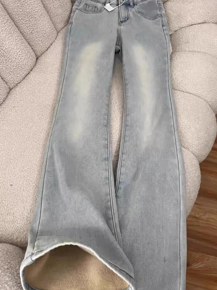 

Light Blue Fleece Lined Micro Flared Denim Jeans Women's High Waist Elastic Slimming Versatile Hoof Pants Long Trousers