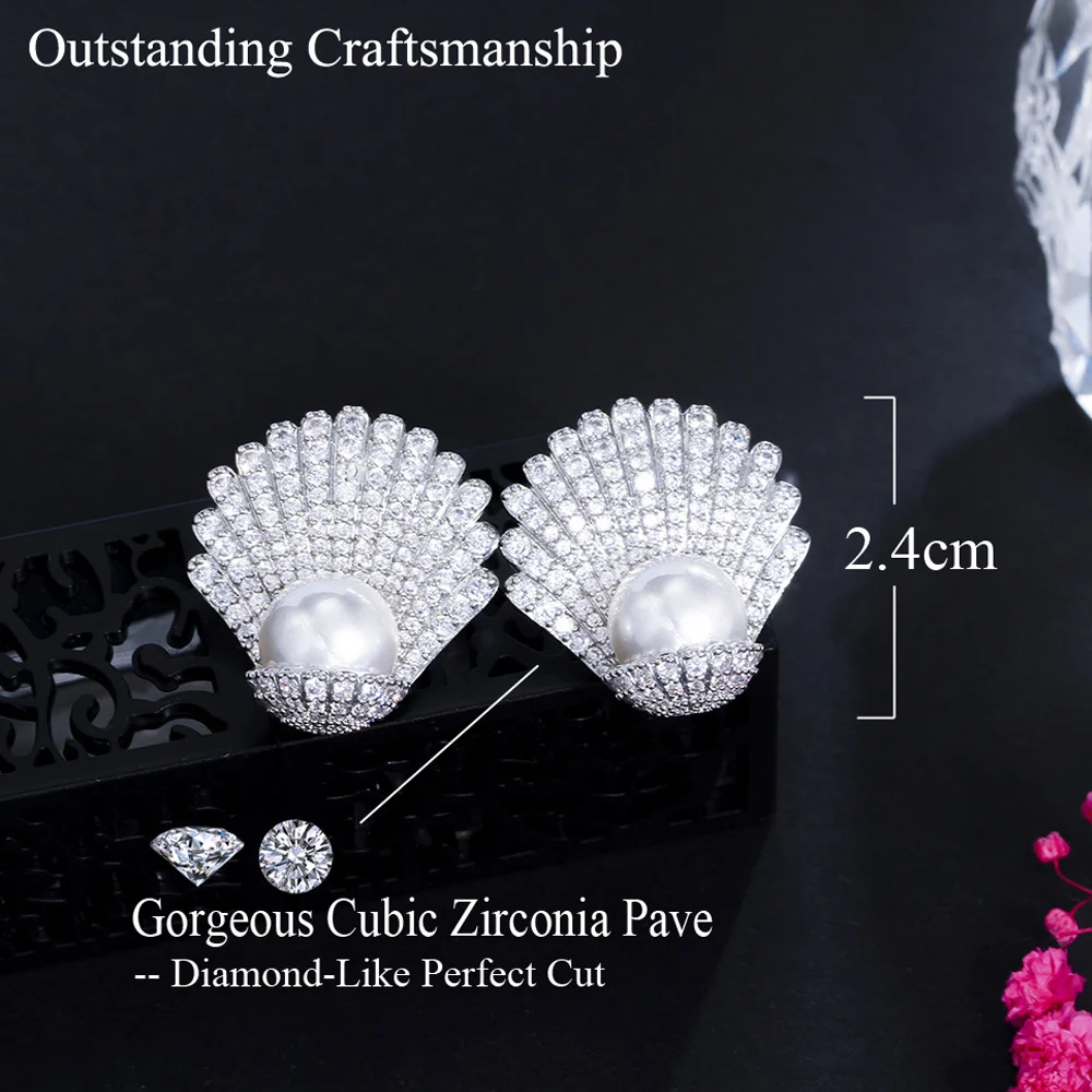 ThreeGraces Elegant Shiny Cubic Zirconia Shell Shape Big Simulated Pearl Stud Earrings for Women Summer Beach Party Jewelry E841