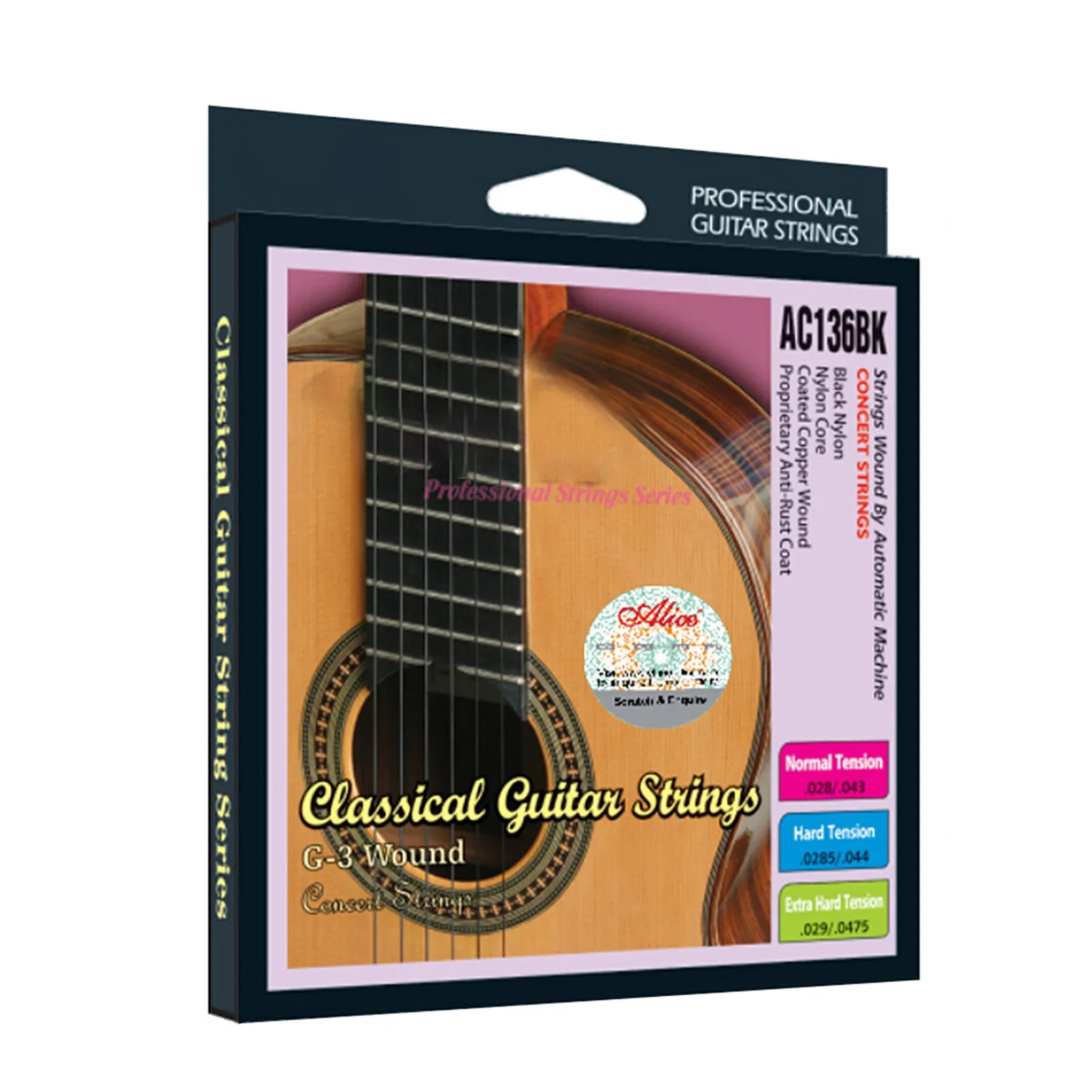 Alice AC136BK-H Black Nylon Classical Guitar Strings 6pcs/set (.0285-.044) Hard Tension with One Complimentary G-3rd String
