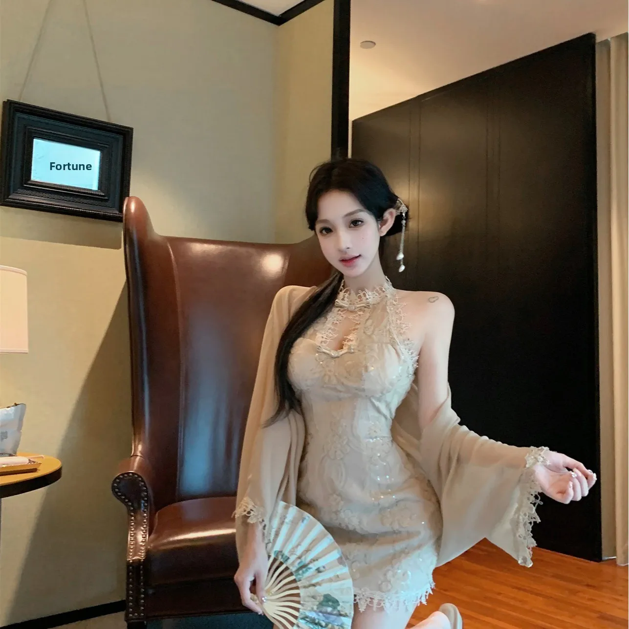New Chinese Style Neck Hanging Dress Women's Lace Wrap around Skirt Sexy Sleeveless Dress Cardigan Autumn Set Fashionable