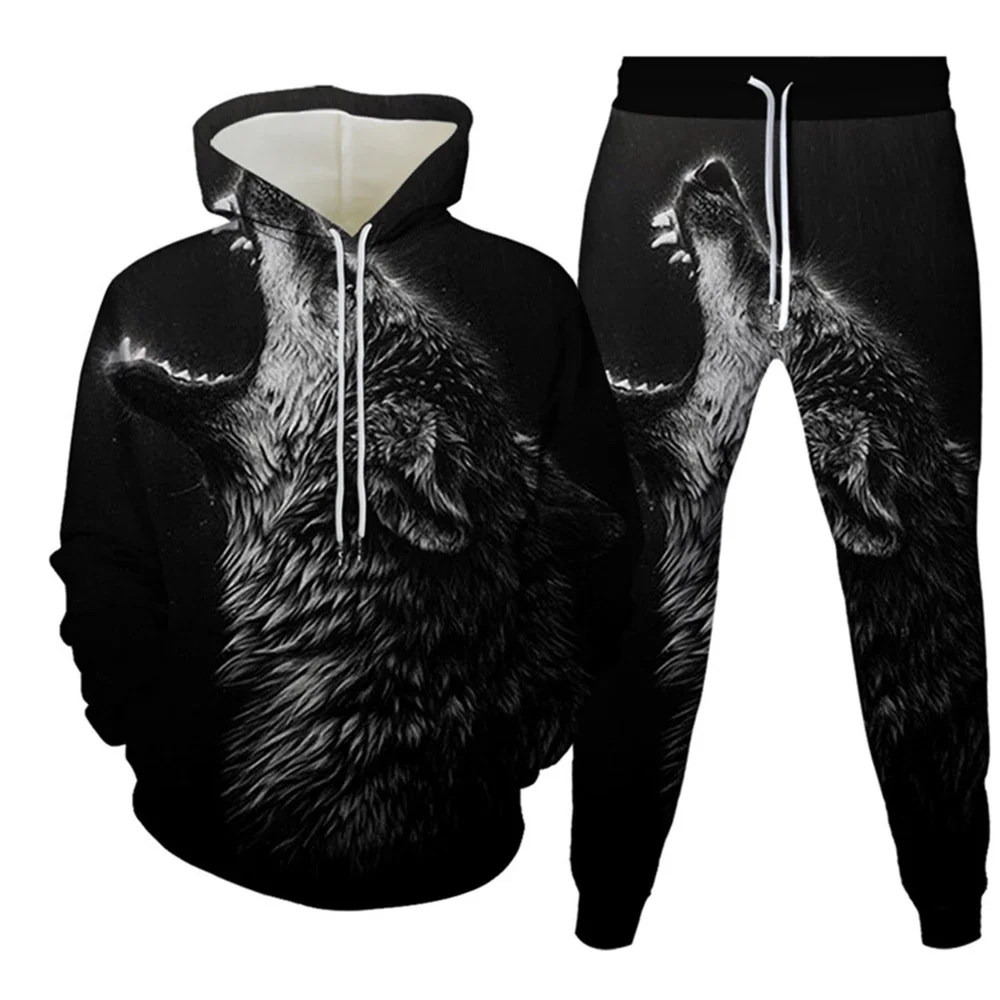 Men\'s Tracksuit Sets Animal Wolf 3D Print Casual Hoodie Pants 2pcs Sets Oversized Sweatshirt Fashion Streetwear Men Clothing