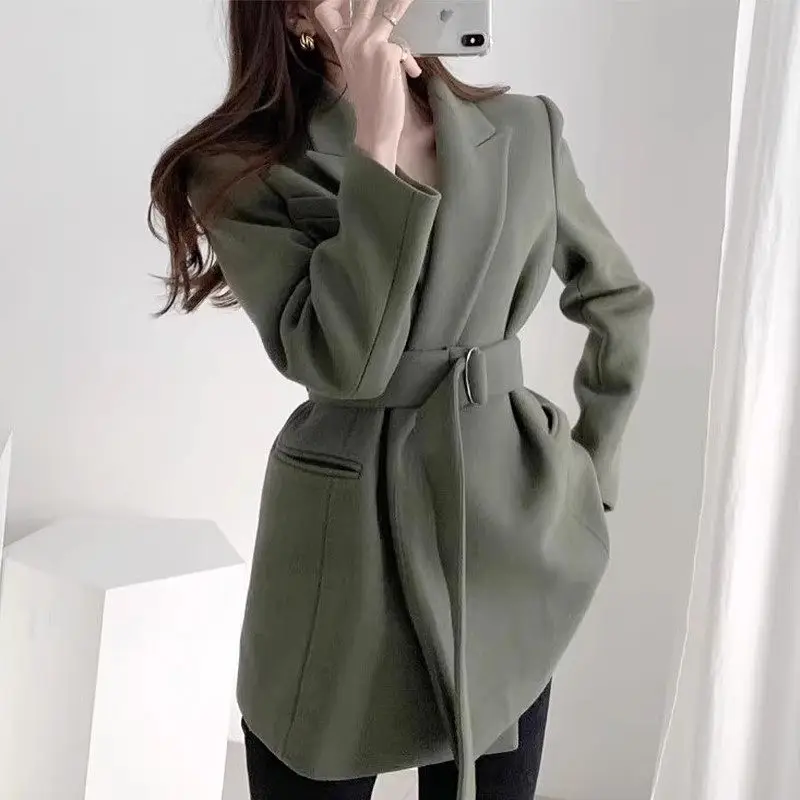 

Korean Autumn/Winter Blazer Jacket Vintage Suit Collar Large Pocket Lace Up Waist Slim Medium Length Woolen Women's Coat Z3190