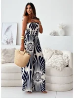Strapless Smocked Tube Top Jumpsuit Women Wide Leg Printed Palazzo Pants Boho Vacation Beach Long Romper Summer Outfit - Image 3