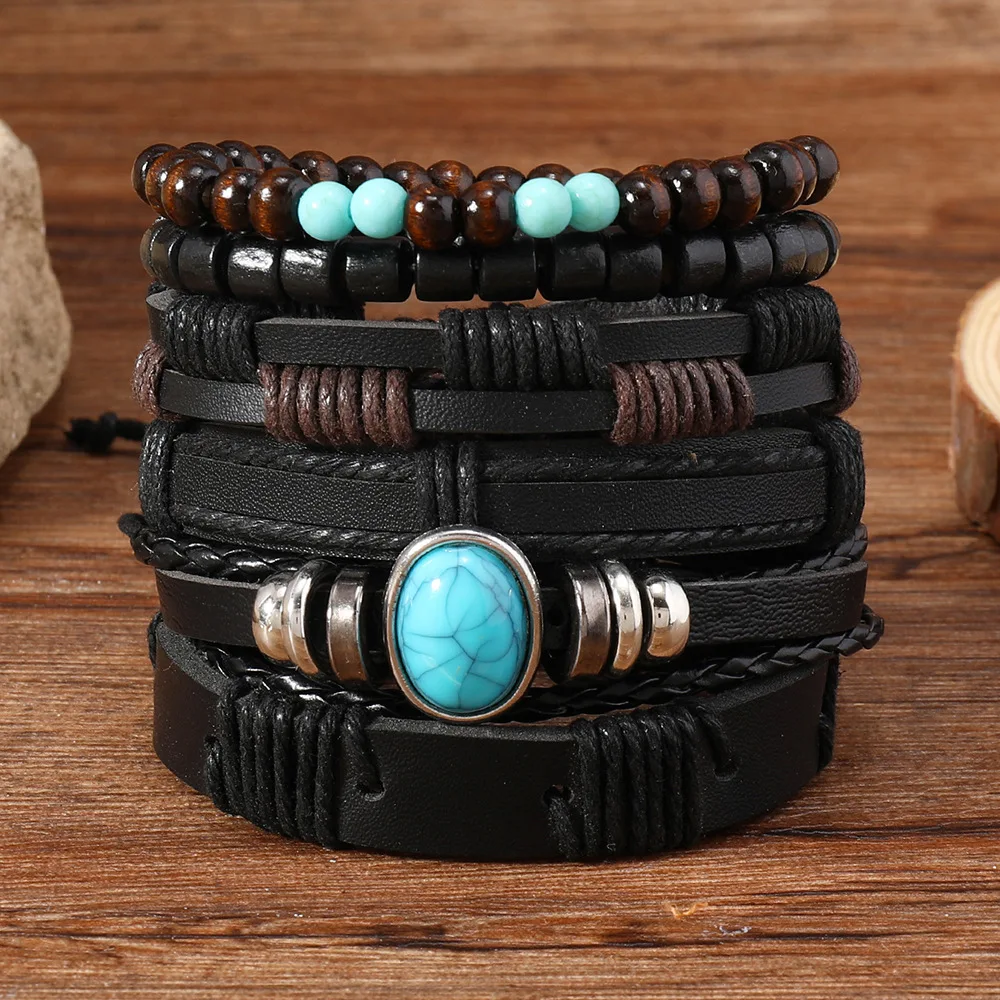 Vintage Ethnic Style braided Leather Men’s Bracelets Lace-Up Turquoise Wooden Bead Bracelet Set Gifts For Friend