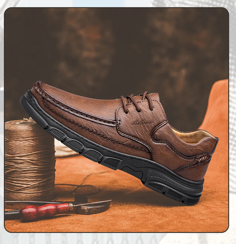 CLOHOO Men's Handmade Thick Rubber Bottom Breathable Casual Leather Shoes Classic Sewn Loafers Comfortable Leisure Footwear