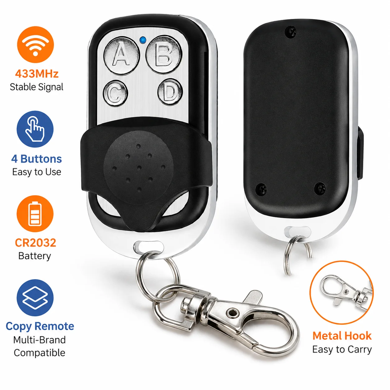 433MHz Universal Copy Remote Control 4 Button Garage Door Gate Duplicator Key Fob CR2032 for Fixed Learning Some Rolling Code