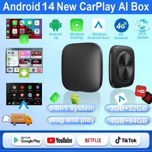 2025 Android 14 3 en 1 CarPlay Smart Box Adaptador inalámbrico para automóvil Android compatible con YouTube, Netflix Plug-and-Play
