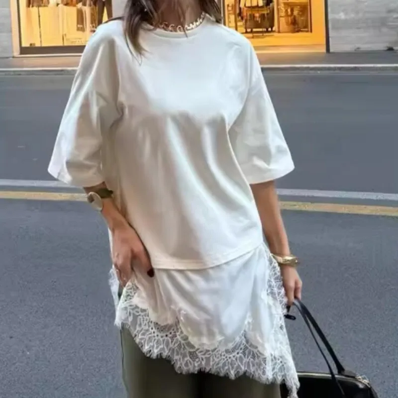 

bb Spring New Women Fashion Lace Patchwork Mid Sleeve Tops for Elegant O Neck Loose Female T-shirt Lady High Street Shirts