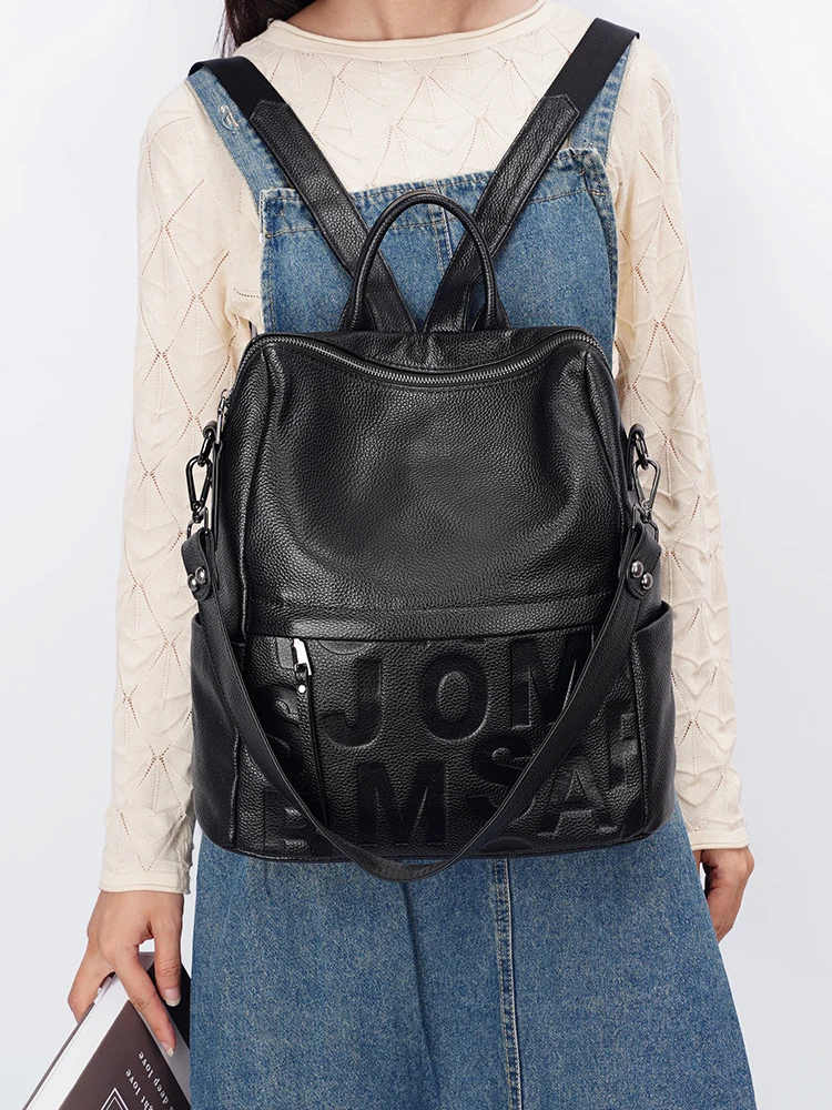 Zency Casual Daypack Genuine Leather Letter Fashion Backpack for Women Multi-pocket Convertible Shoulder Bag for Shopping Work