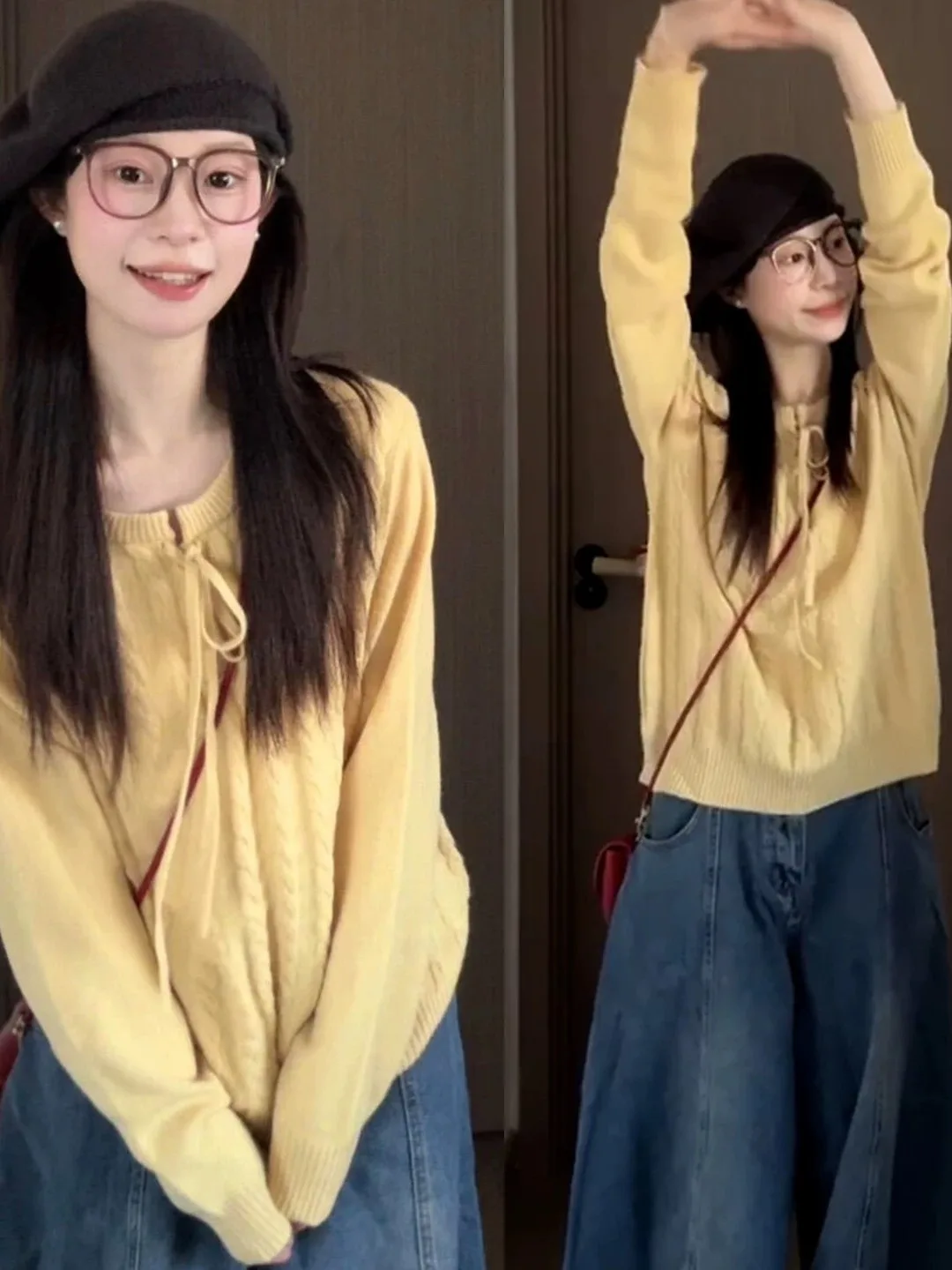 

Yellow V-Ne Knitted Sweater Women's Long Sve Loose Fit Autumn Faion Korean Sle Lazy Aosphere Sensation Top