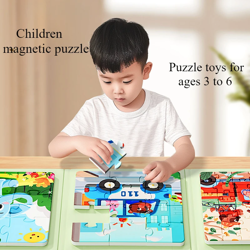 3-6 lat dzieci puzzle magnetyczne puzzle magnetyczne dla dzieci kreskówka zwierząt ruch drogowy puzzle zabawka Montessori chłopiec/dziewczynka trzyblokowy prezent