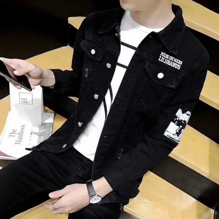 

High Quality Fashion Stylish Korean Style Clothes Luxury Designer Embroidery Slim Fit Casual Denim Jeans Jacket for Men Black