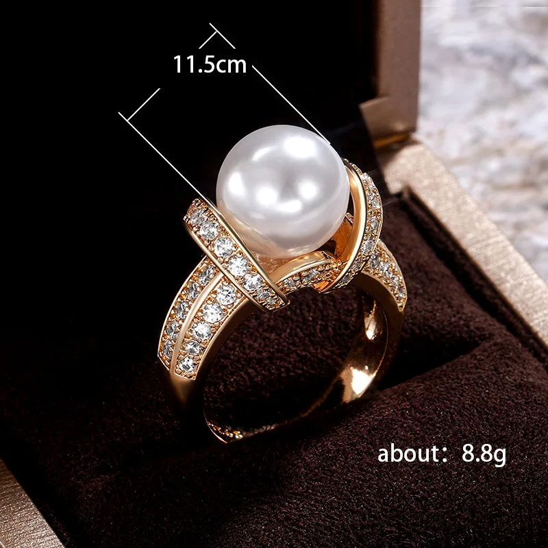 Huitan Elegant Imitation Pearl Gold Color Wedding Rings Women Shiny CZ Romantic Marriage Ceremony Party Ring Fashion Accessories