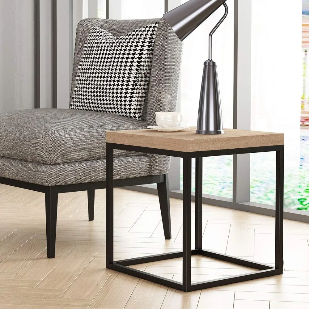 Tavolino in rovere naturale da 18 pollici |   Tavolino |   Tavolino da caffè per soggiorno, moderno industriale, quadrato, metallo e legno (Natural W