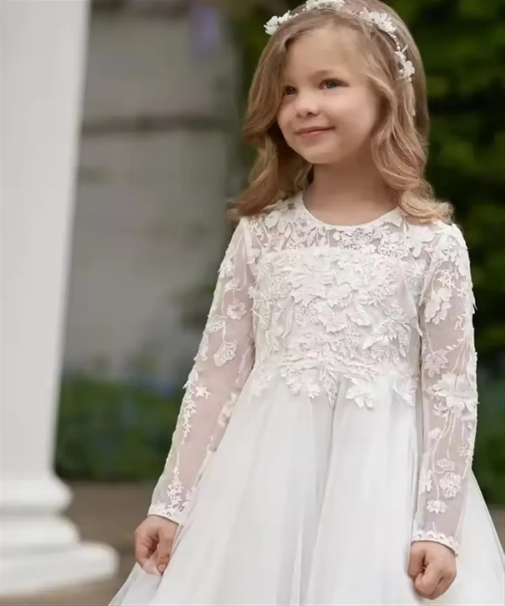 Elegantes weißes Blumenmädchenkleid für die Hochzeit, Spitzenapplikationen, volle Ärmel, Mädchenkleid für Fotoshooting, Erstkommunionkleid, individuell gestaltet