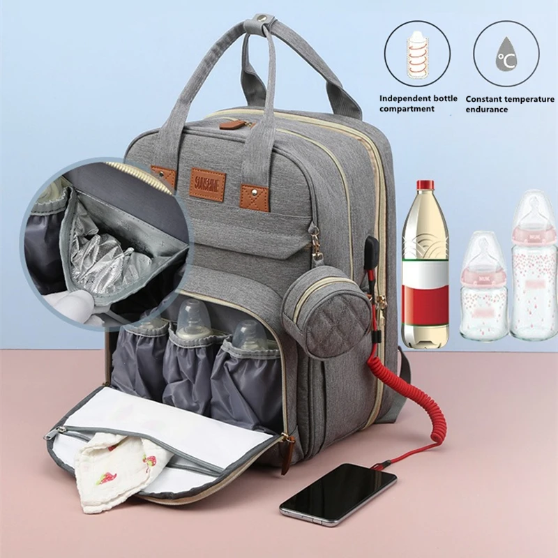 Folding Mommy Bag with USB Port Mosquito Net Portable Multi Function Pee Pad Mother Baby Bag Backpack Bed Nappi Bag