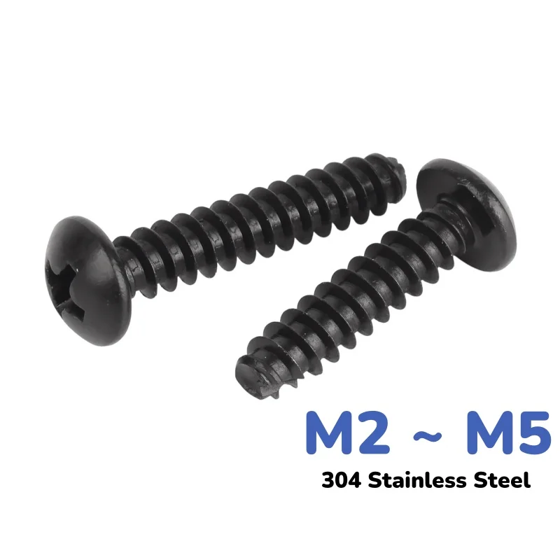 Black 304 Stainless Steel Tail-Cut Phillips Cross Recessed Bolt PT Pan Round Head Self Tapping Wood Screw M2 ~ M5