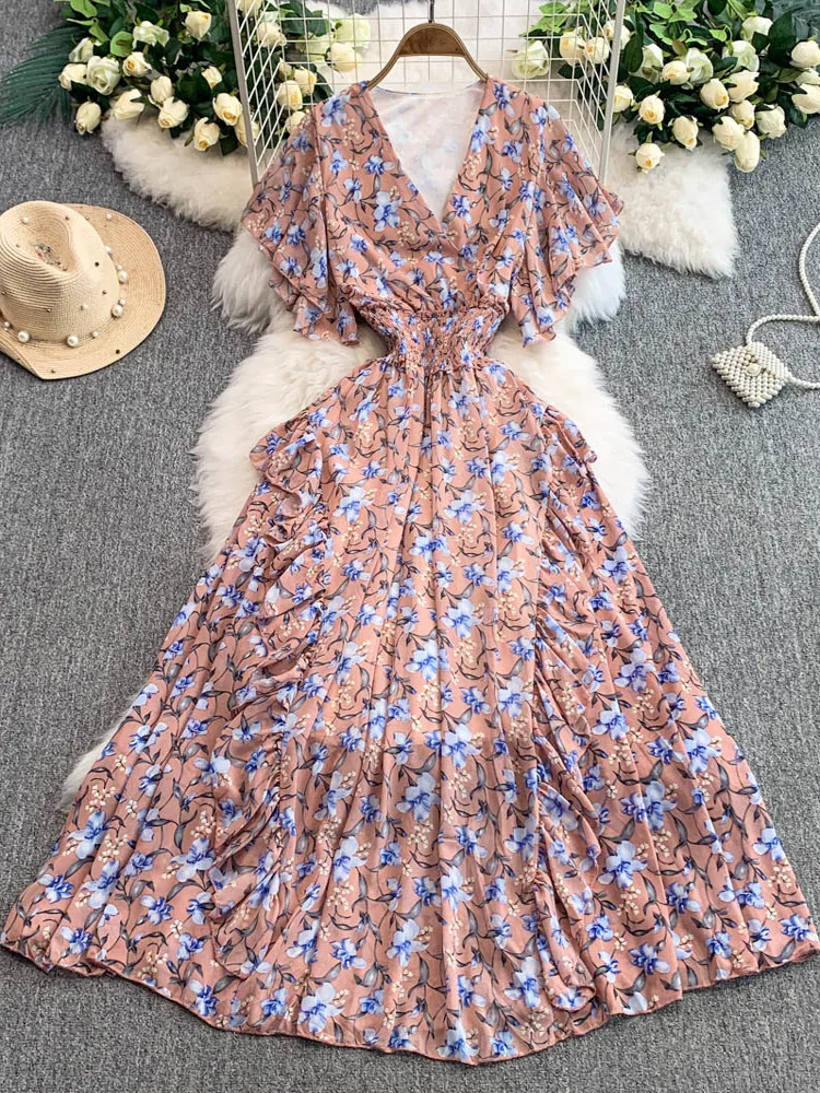 ビーチバケーションロングVネック細見えウエストスカート レディース 夏 2025 新作 セクシー 花柄プリント シフォンAラインスカート